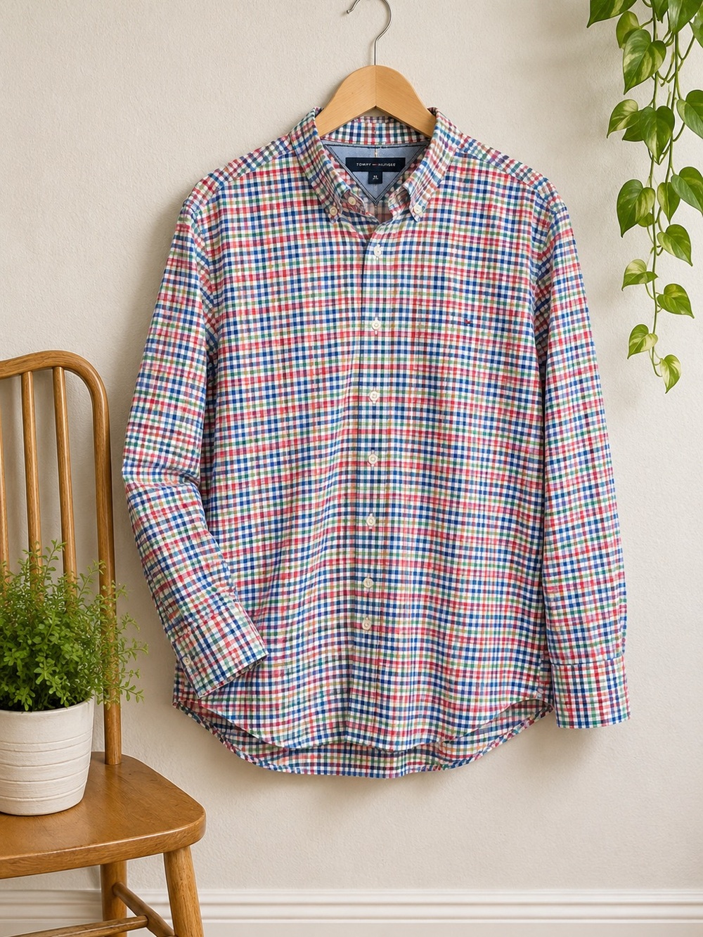 Tommy Hilfiger Mens XL Button Down Shirt Multicolor Checkβ Cotton Preppy Casual